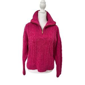 💖✨ Anthropologie Hot Pink Cable Knit Quarter Zip Sweater Size S - Cozy It Girl